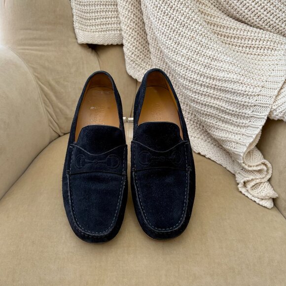 Auth GUCCI Men's Iconic Horsebit Navy Suede Leather Driving Loafers - Picture 2 of 7